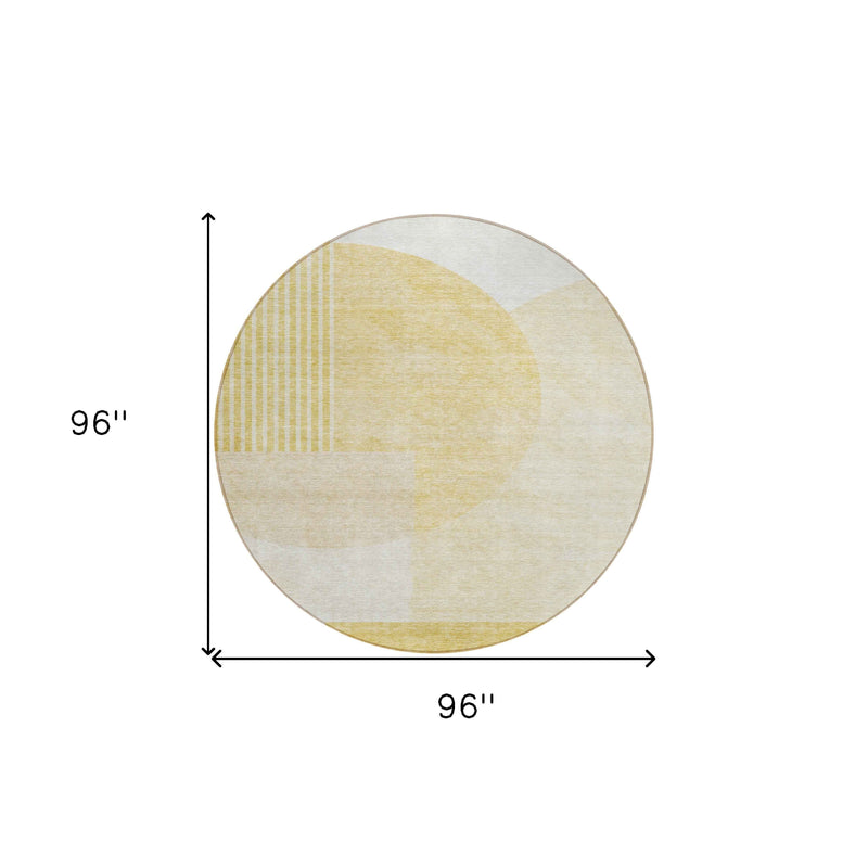 8' Gold Wheat And Ivory Round Geometric Washable Indoor Outdoor Area Rug