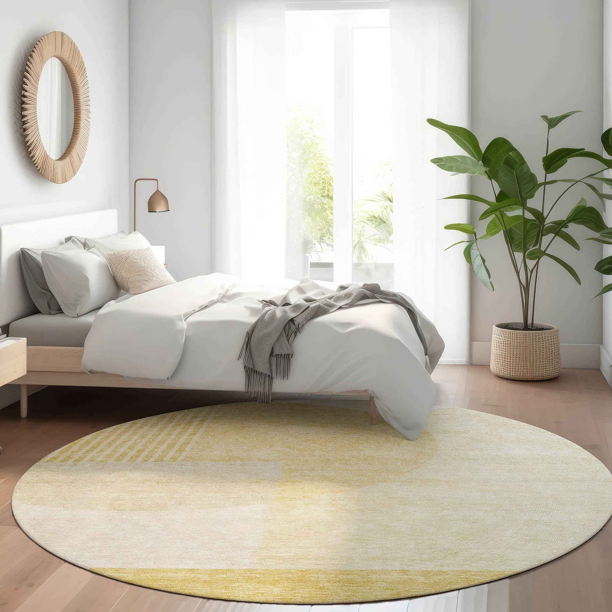 8' Gold Wheat And Ivory Round Geometric Washable Indoor Outdoor Area Rug