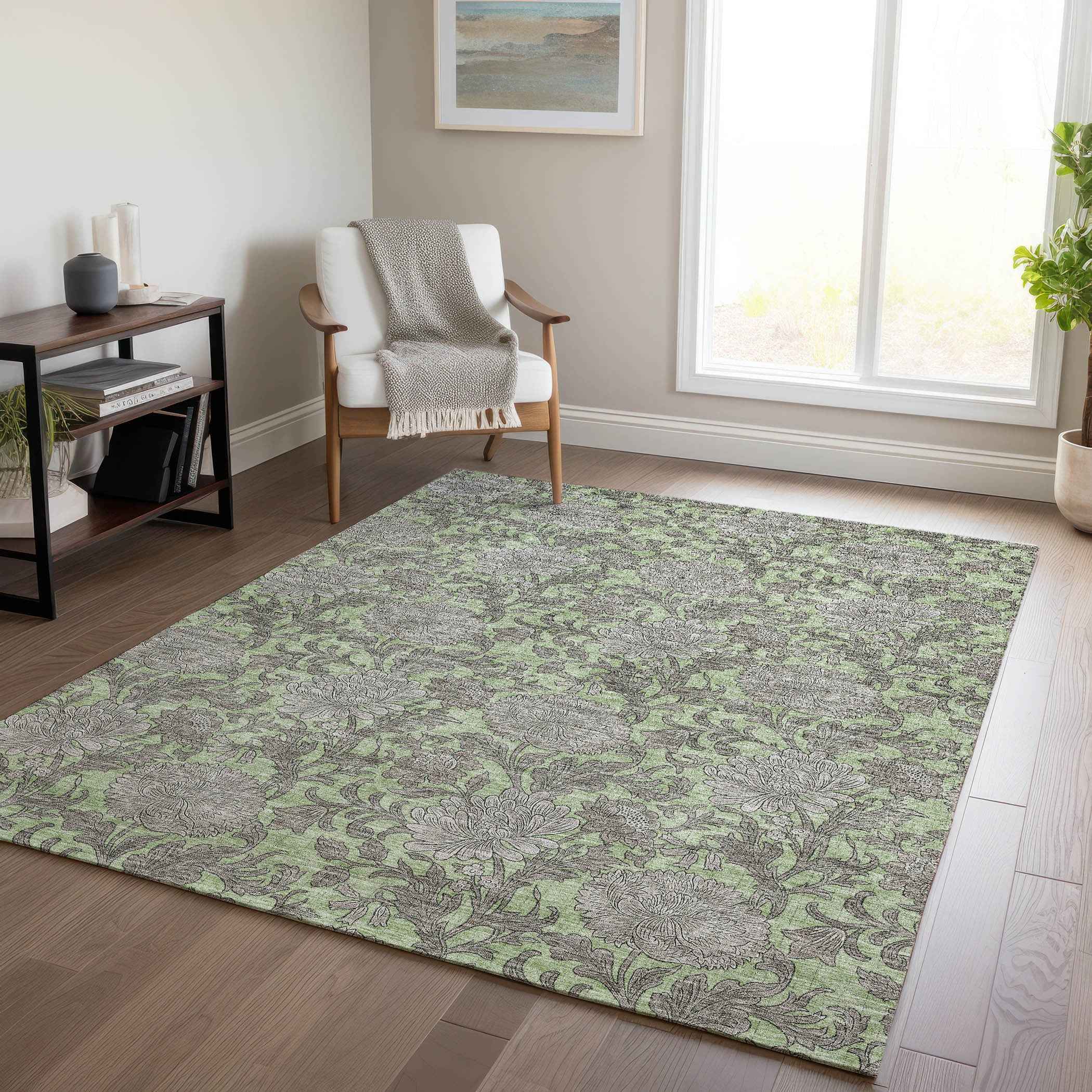 5' X 8' Artichoke Green Gray And Taupe Floral Washable Indoor Outdoor Area Rug