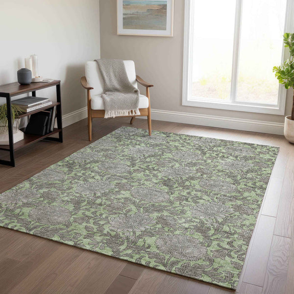 5' X 8' Artichoke Green Gray And Taupe Floral Washable Indoor Outdoor Area Rug