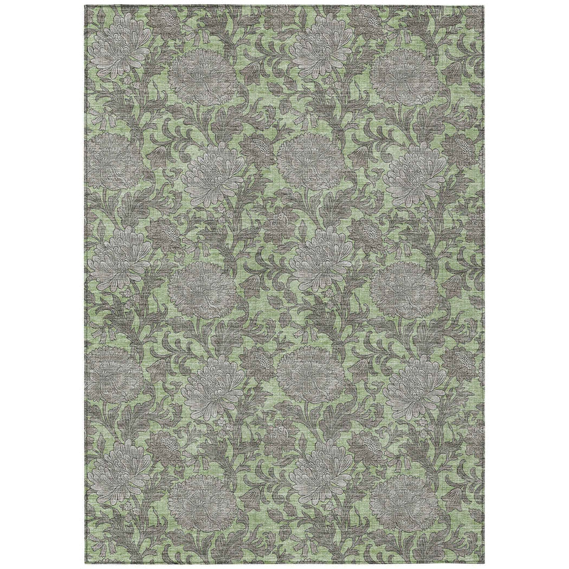 5' X 8' Artichoke Green Gray And Taupe Floral Washable Indoor Outdoor Area Rug