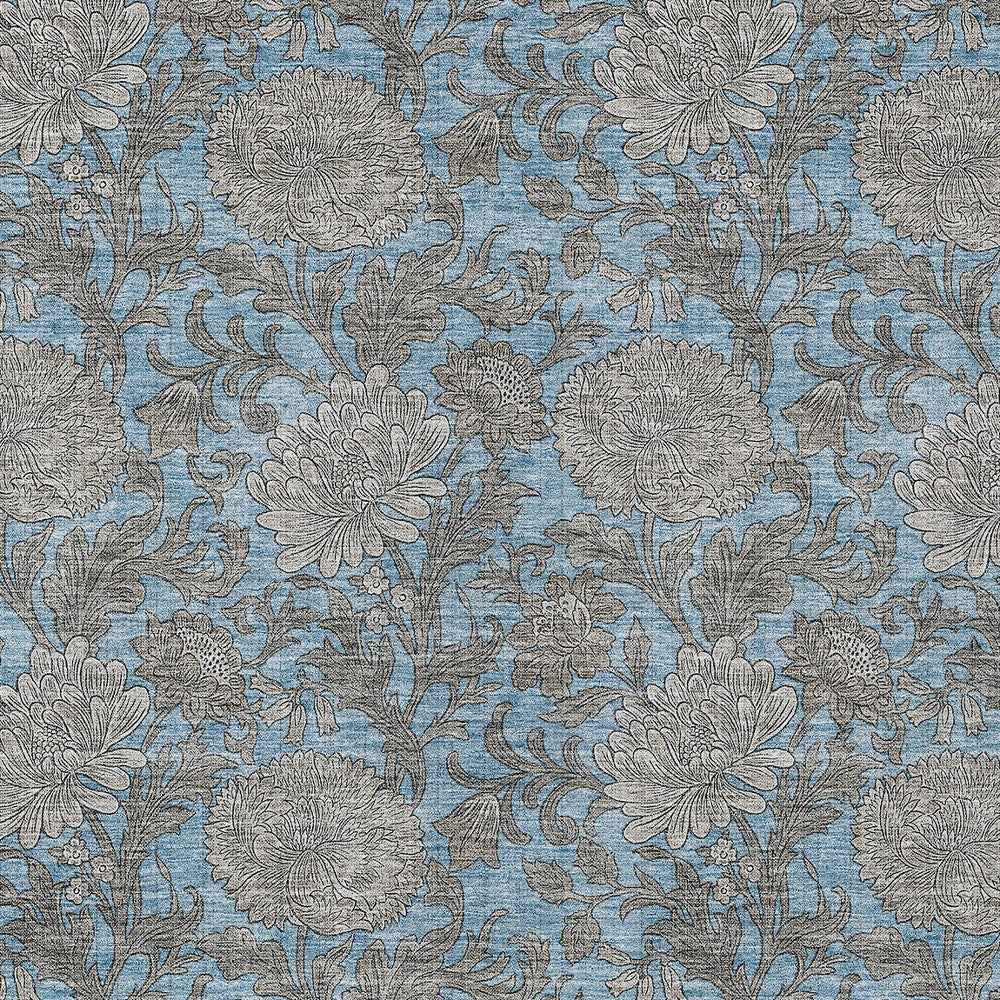 8' X 10' Blue Gray And Silver Floral Washable Indoor Outdoor Area Rug