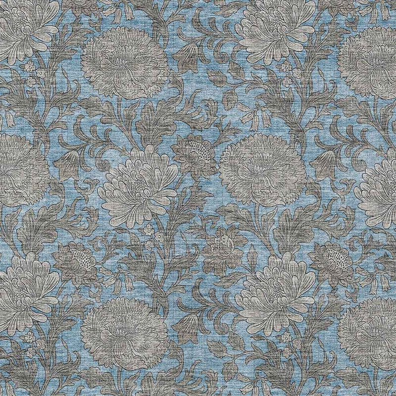 8' X 10' Blue Gray And Silver Floral Washable Indoor Outdoor Area Rug
