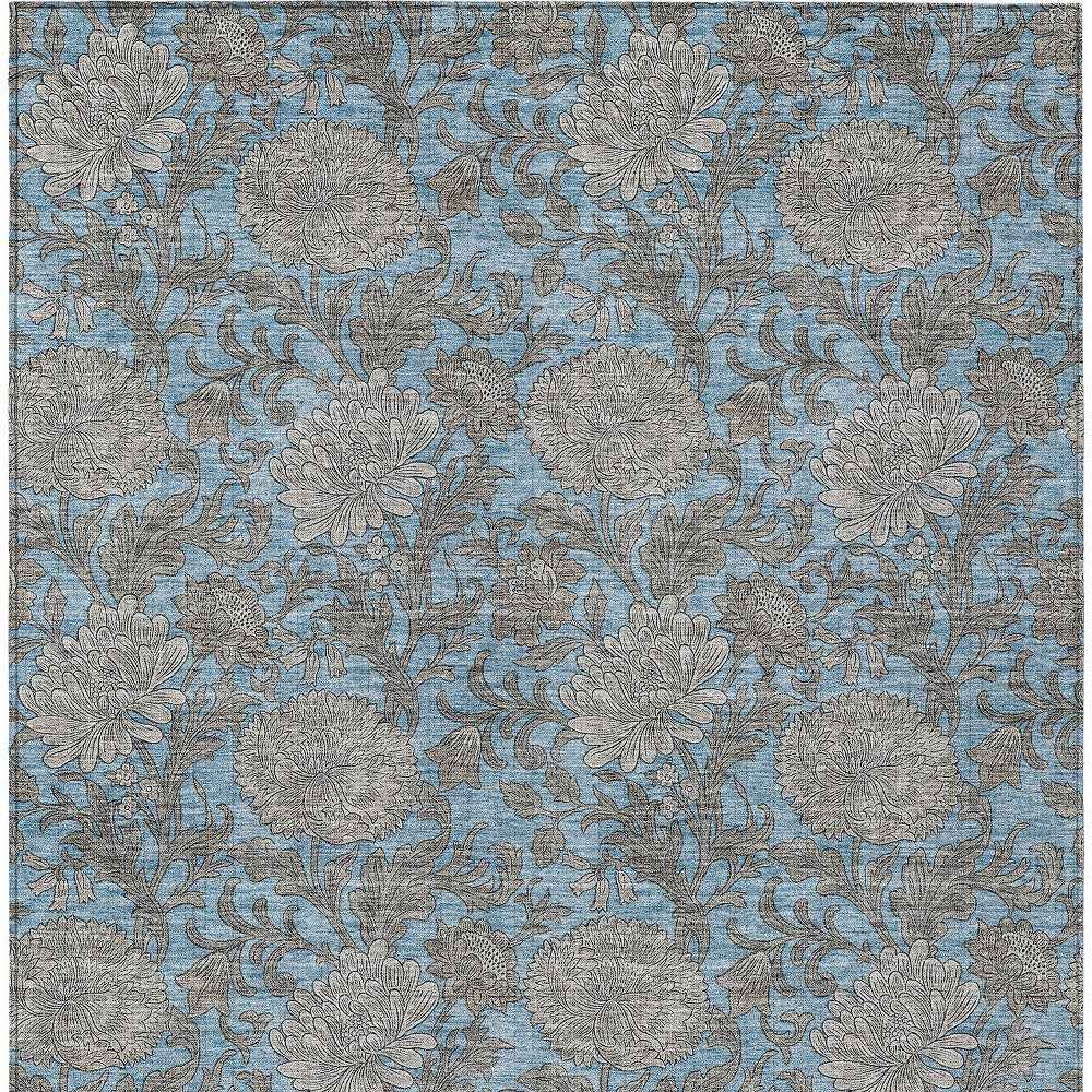 8' X 10' Blue Gray And Silver Floral Washable Indoor Outdoor Area Rug