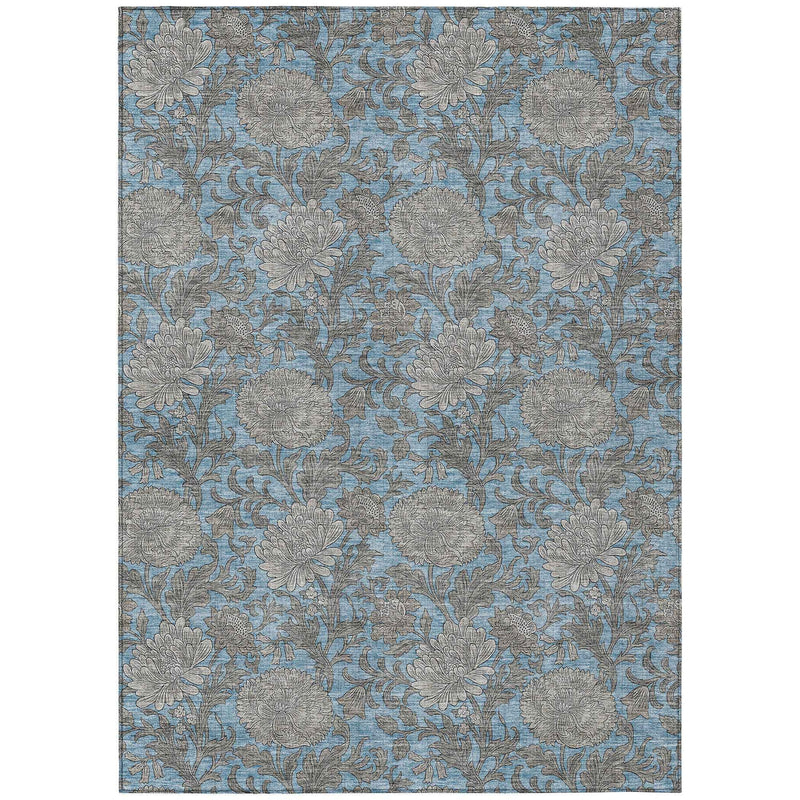 8' X 10' Blue Gray And Silver Floral Washable Indoor Outdoor Area Rug