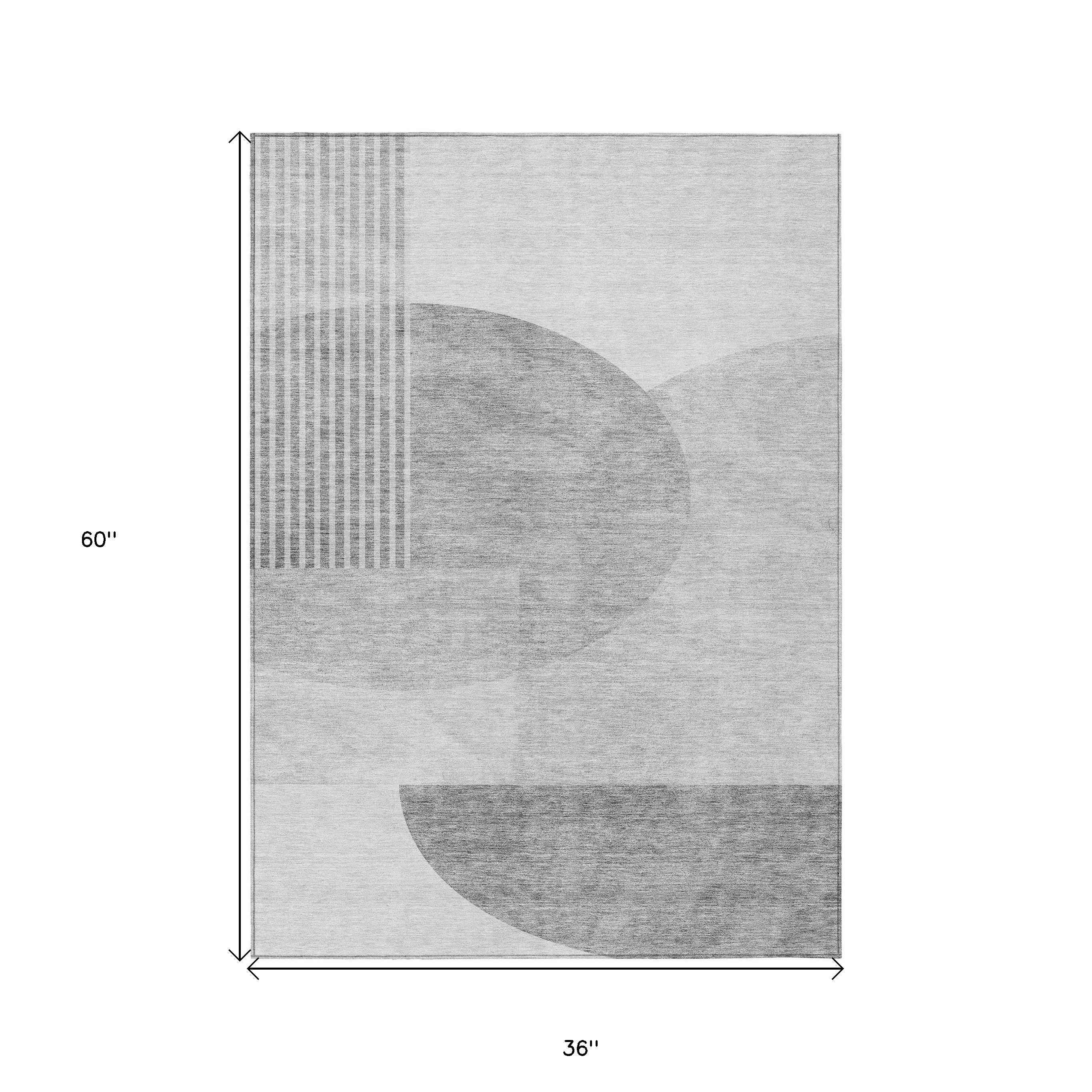 3' X 5' Gray Silver And Ivory Geometric Washable Indoor Outdoor Area Rug