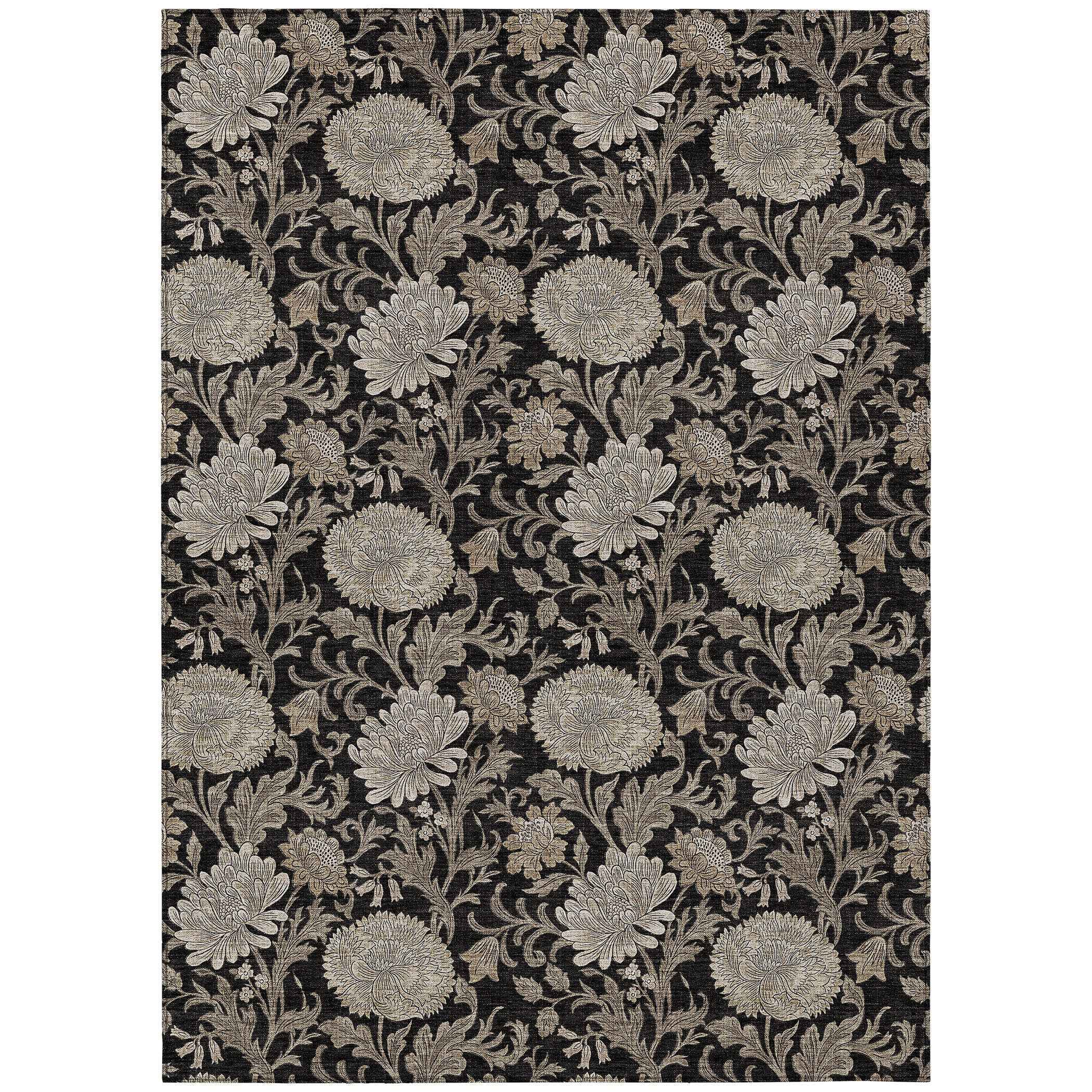 8' X 10' Black Taupe And Beige Floral Washable Indoor Outdoor Area Rug