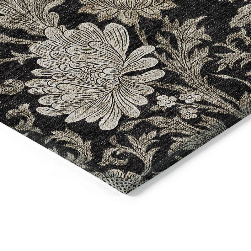 8' X 10' Black Taupe And Beige Floral Washable Indoor Outdoor Area Rug
