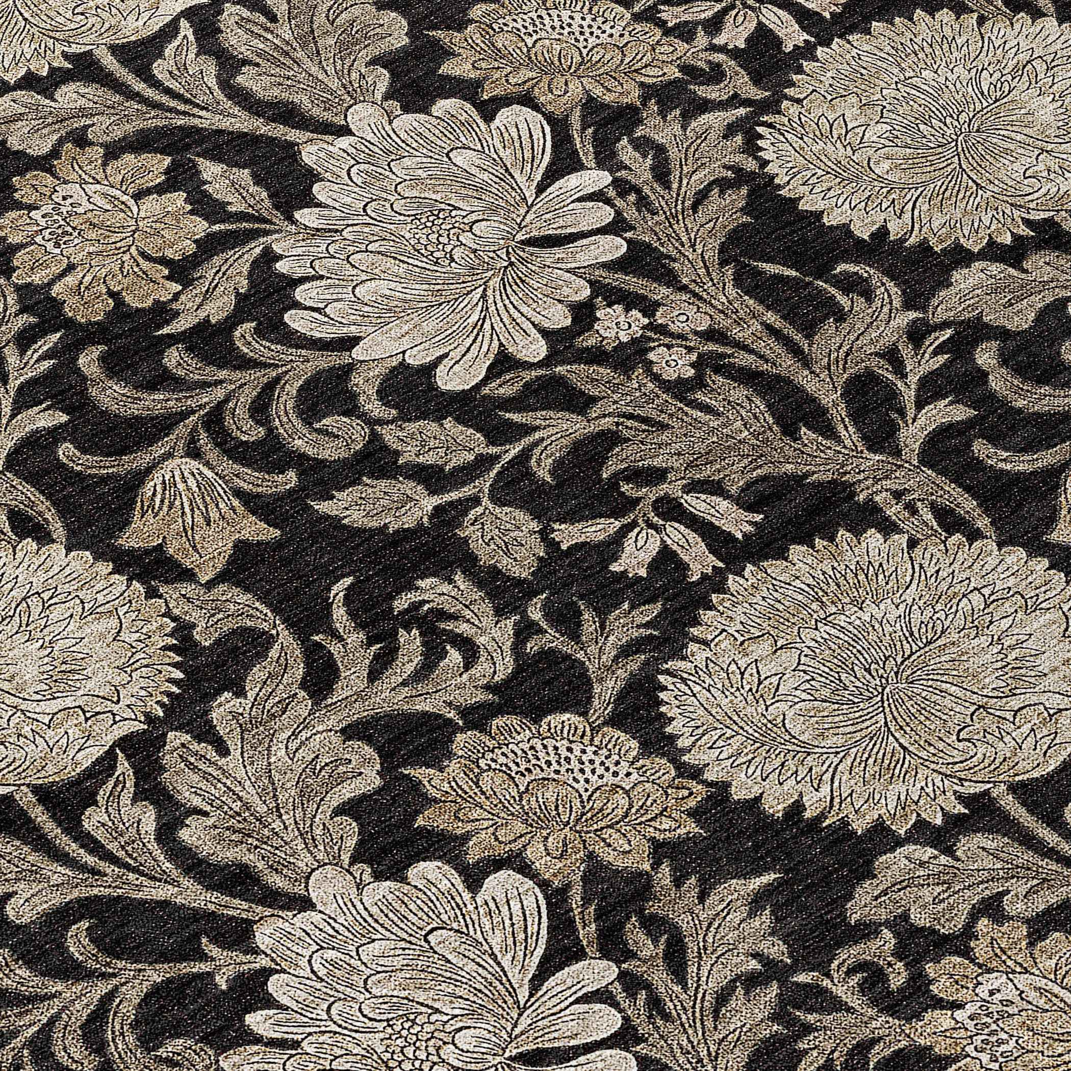 8' X 10' Black Taupe And Beige Floral Washable Indoor Outdoor Area Rug