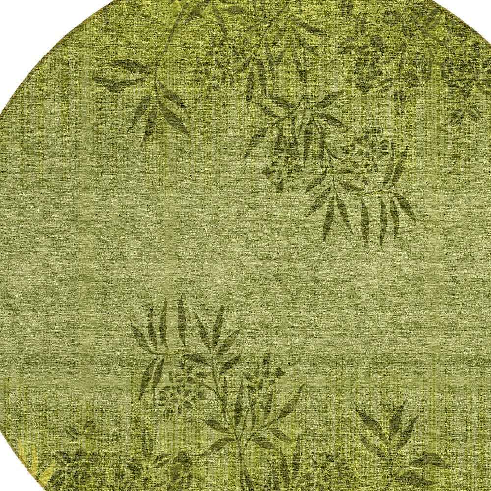 8' Olive Green And Fern Green Round Floral Washable Indoor Outdoor Area Rug
