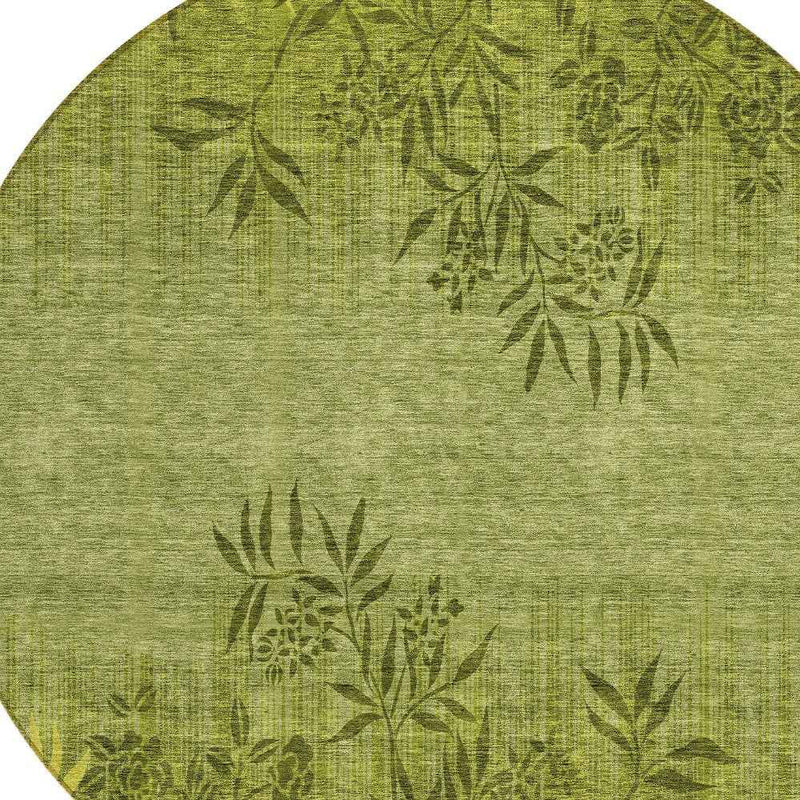 8' Olive Green And Fern Green Round Floral Washable Indoor Outdoor Area Rug