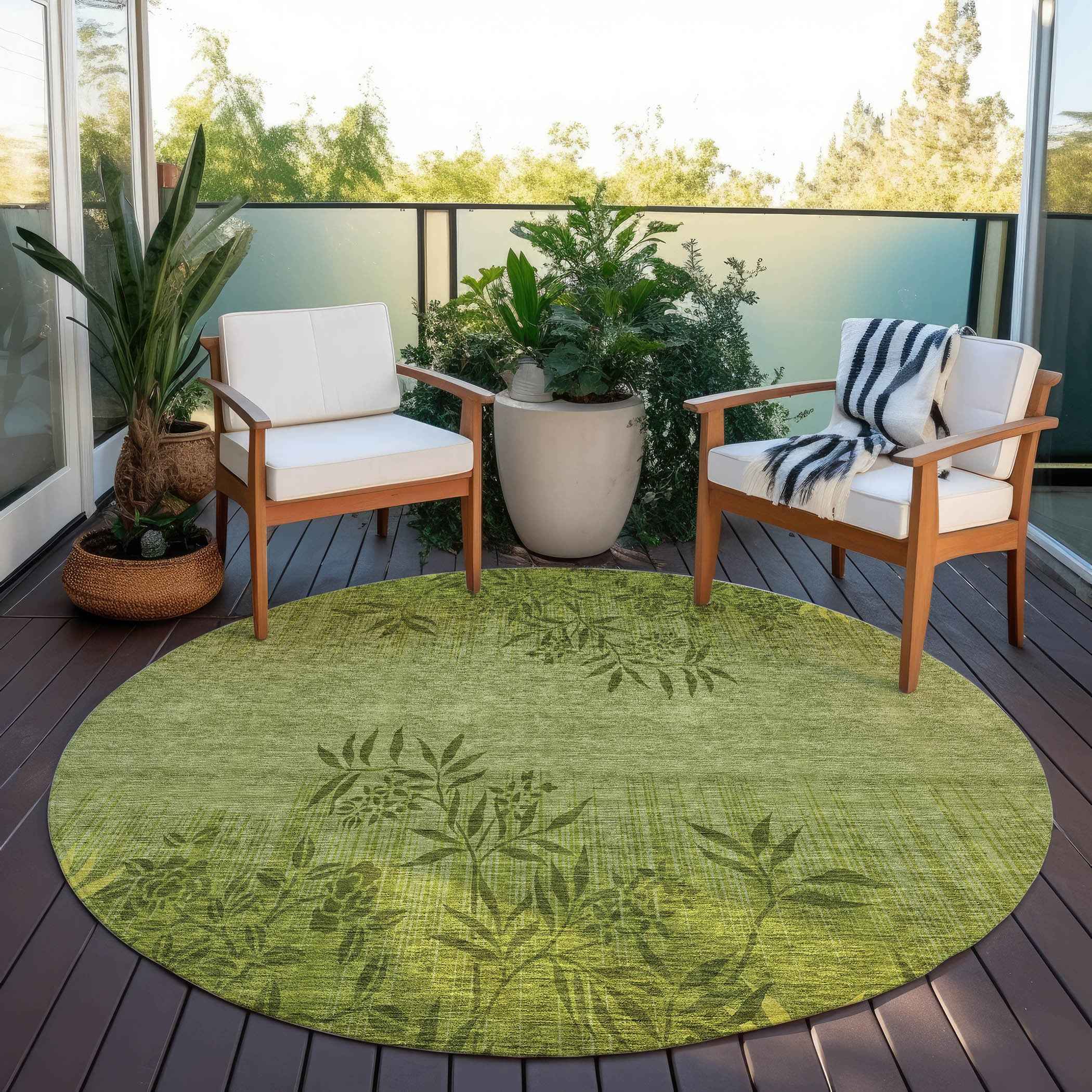 8' Olive Green And Fern Green Round Floral Washable Indoor Outdoor Area Rug
