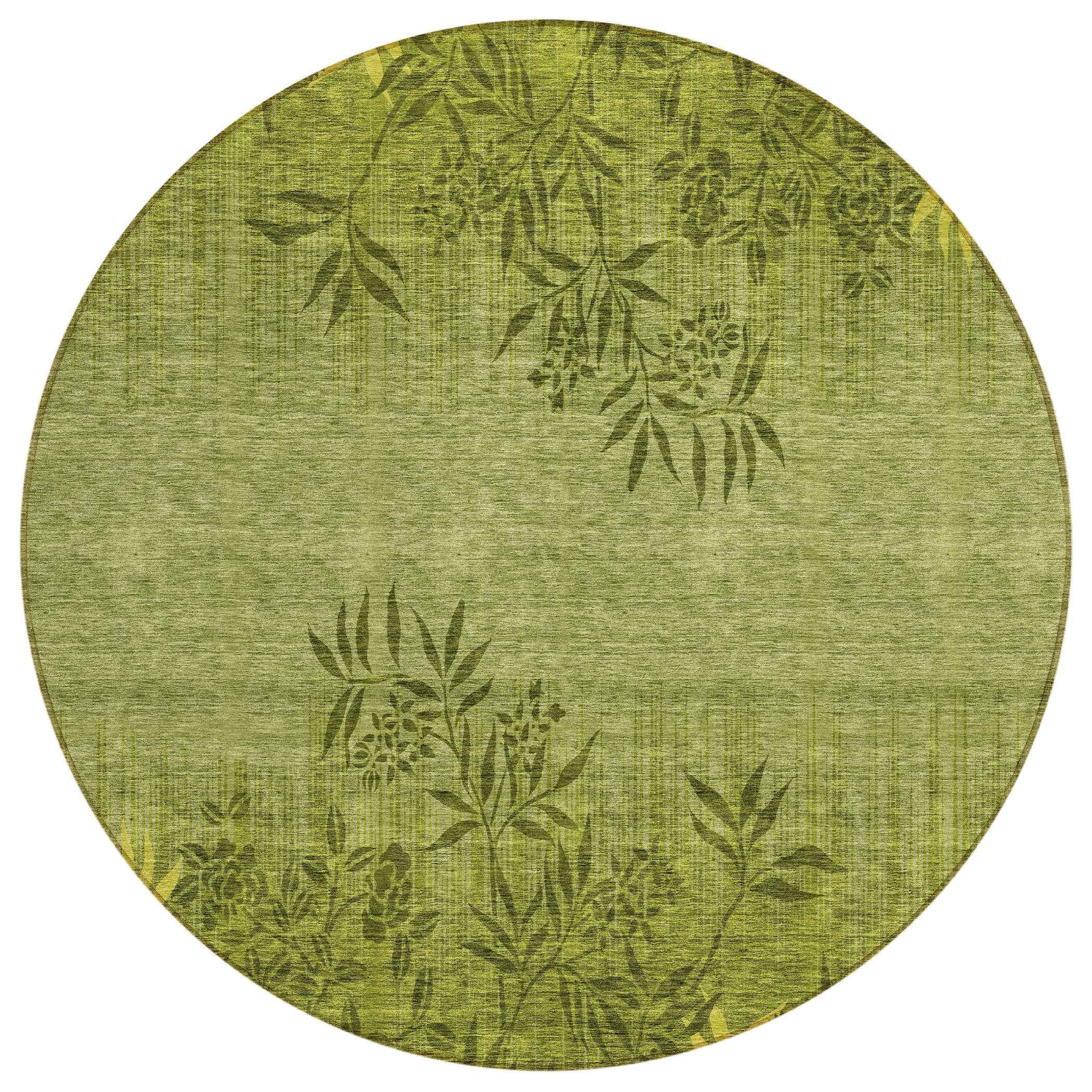 8' Olive Green And Fern Green Round Floral Washable Indoor Outdoor Area Rug