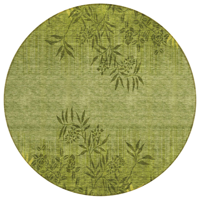 8' Olive Green And Fern Green Round Floral Washable Indoor Outdoor Area Rug