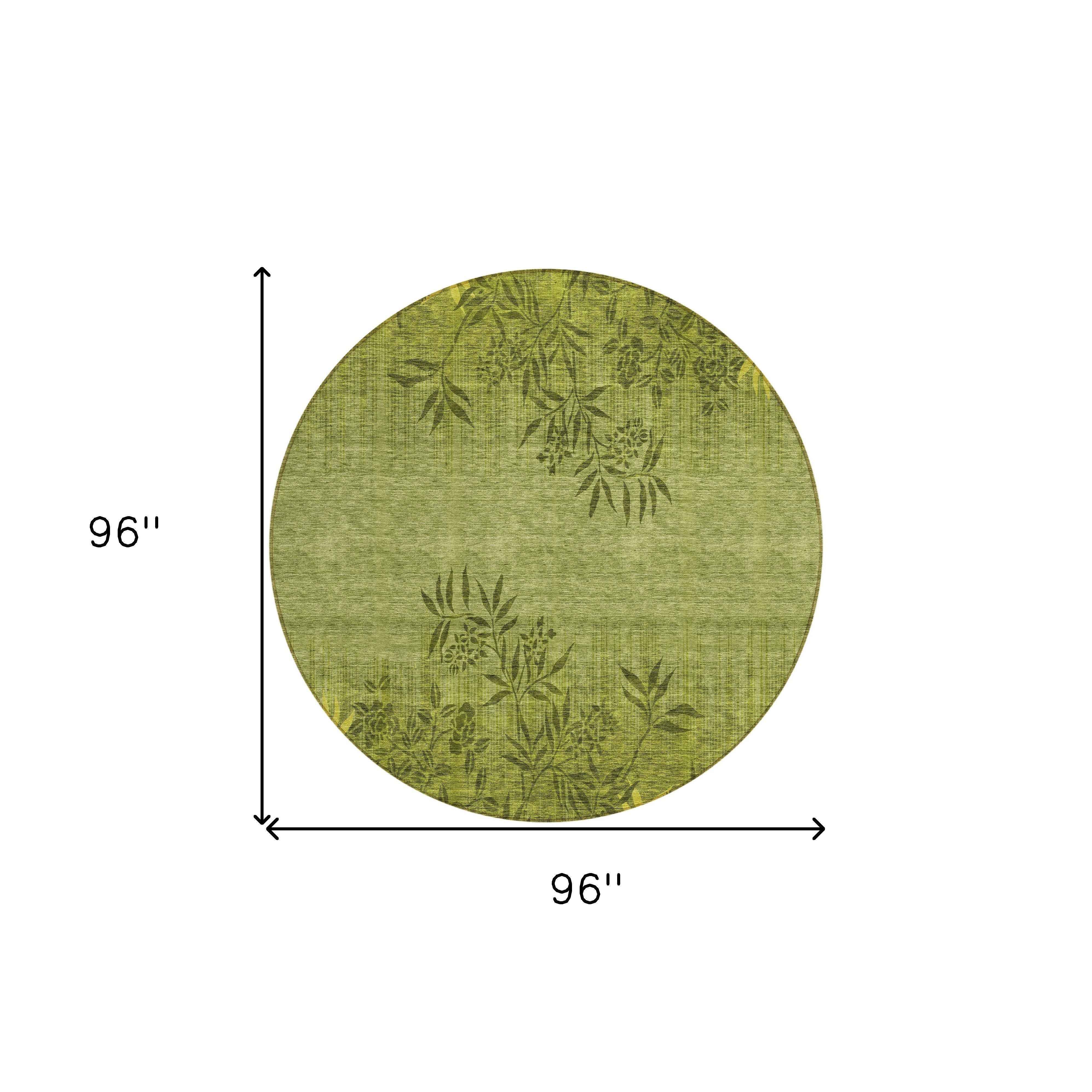 8' Olive Green And Fern Green Round Floral Washable Indoor Outdoor Area Rug