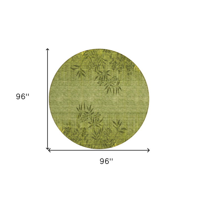 8' Olive Green And Fern Green Round Floral Washable Indoor Outdoor Area Rug