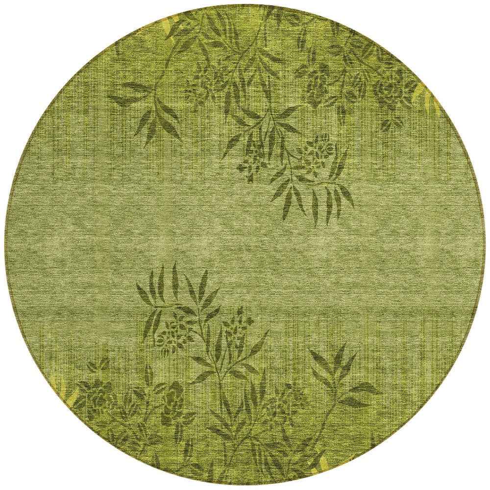 8' Olive Green And Fern Green Round Floral Washable Indoor Outdoor Area Rug