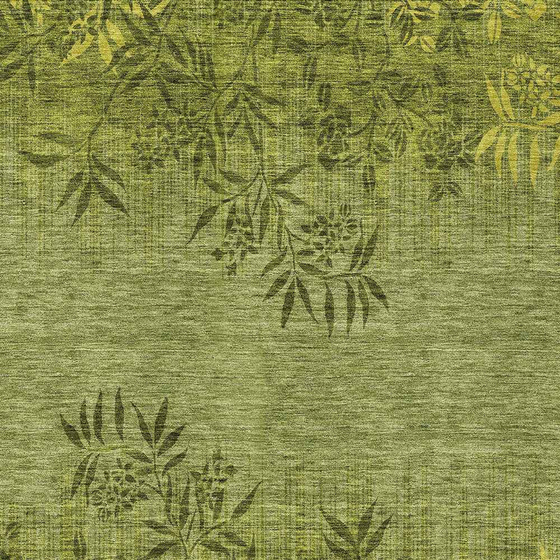 10' X 14' Olive Green And Fern Green Floral Washable Indoor Outdoor Area Rug