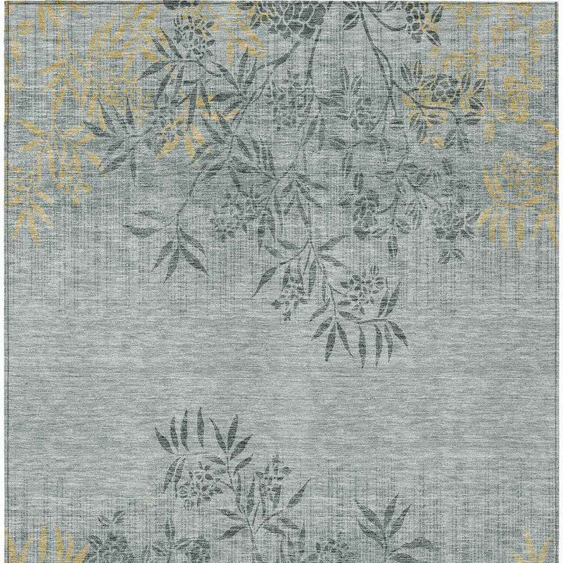 10' X 14' Gray Charcoal And Gold Floral Washable Indoor Outdoor Area Rug