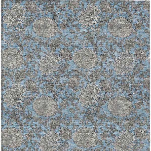 9' X 12' Blue Gray And Silver Floral Washable Indoor Outdoor Area Rug