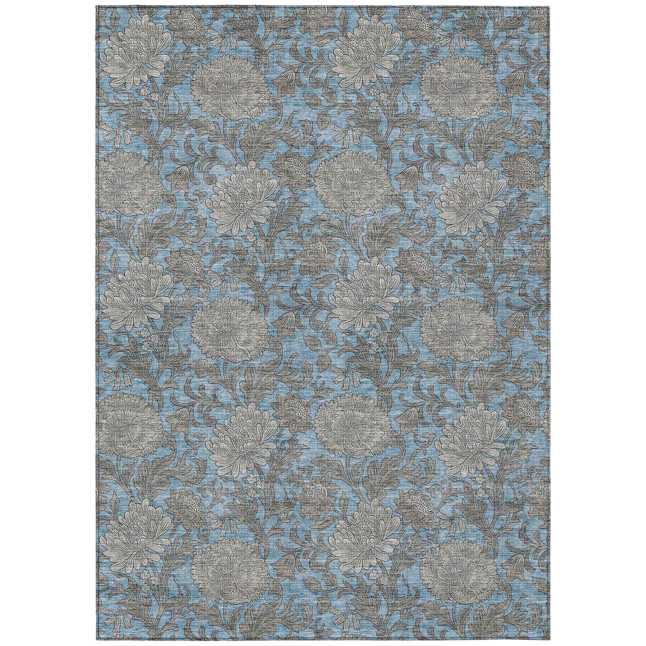 9' X 12' Blue Gray And Silver Floral Washable Indoor Outdoor Area Rug