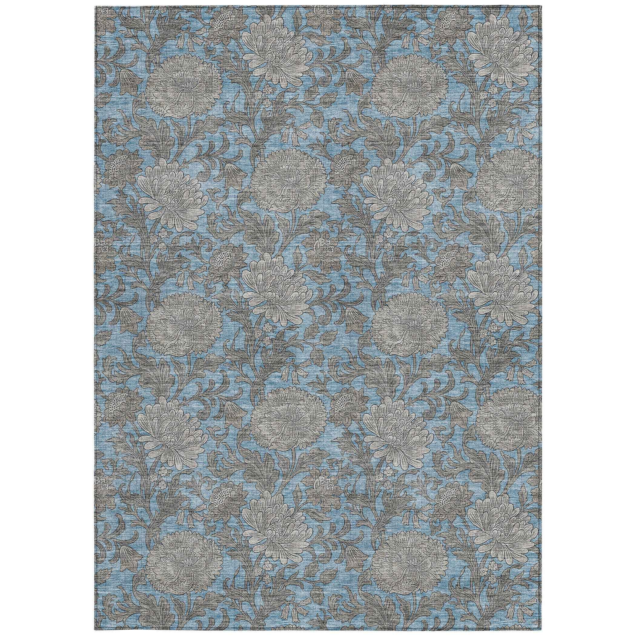 9' X 12' Blue Gray And Silver Floral Washable Indoor Outdoor Area Rug