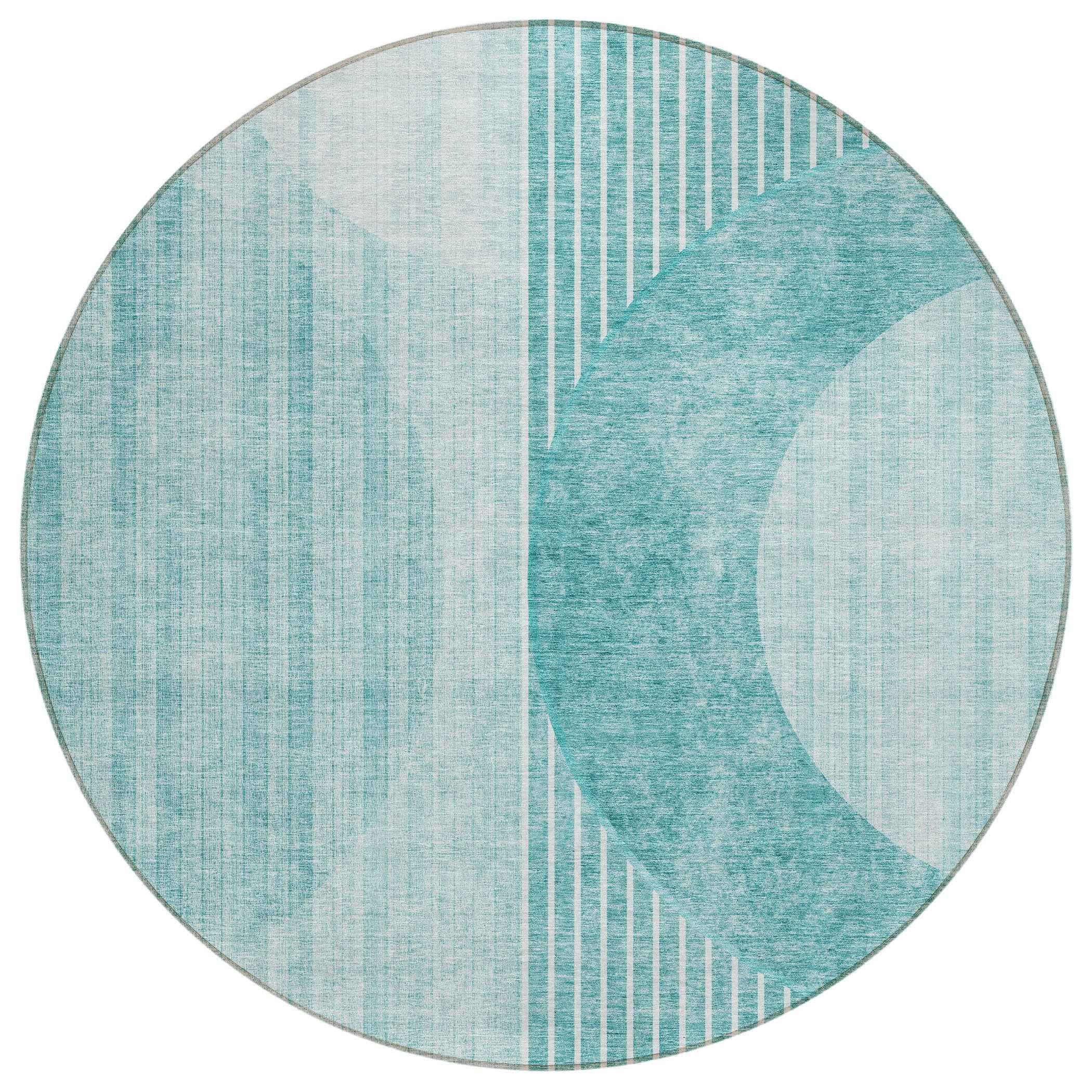 8' Teal Blue And Aqua Round Geometric Washable Indoor Outdoor Area Rug