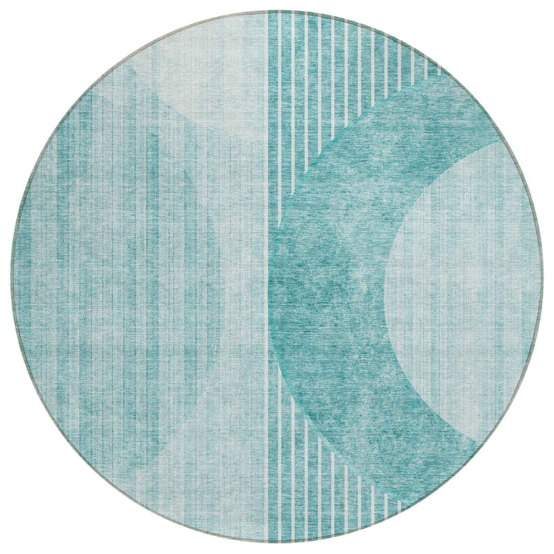8' Teal Blue And Aqua Round Geometric Washable Indoor Outdoor Area Rug