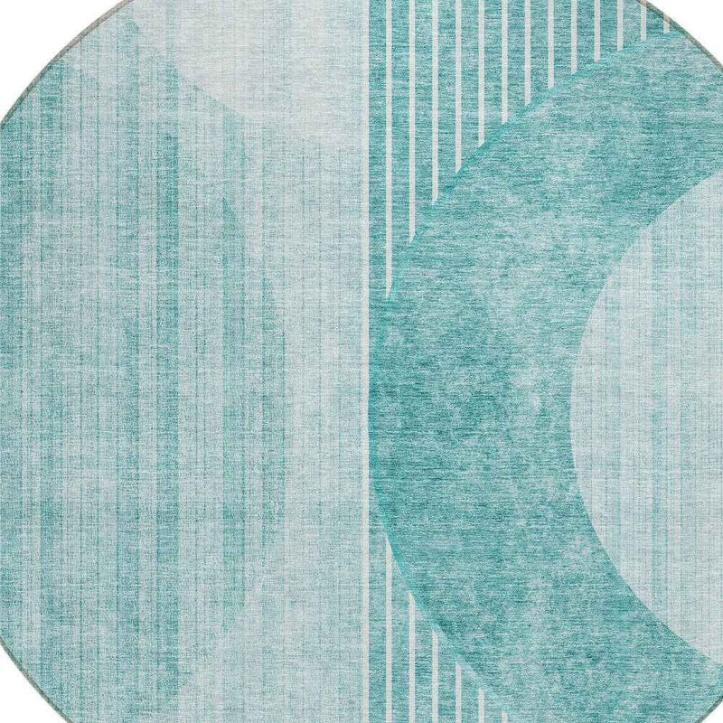 8' Teal Blue And Aqua Round Geometric Washable Indoor Outdoor Area Rug