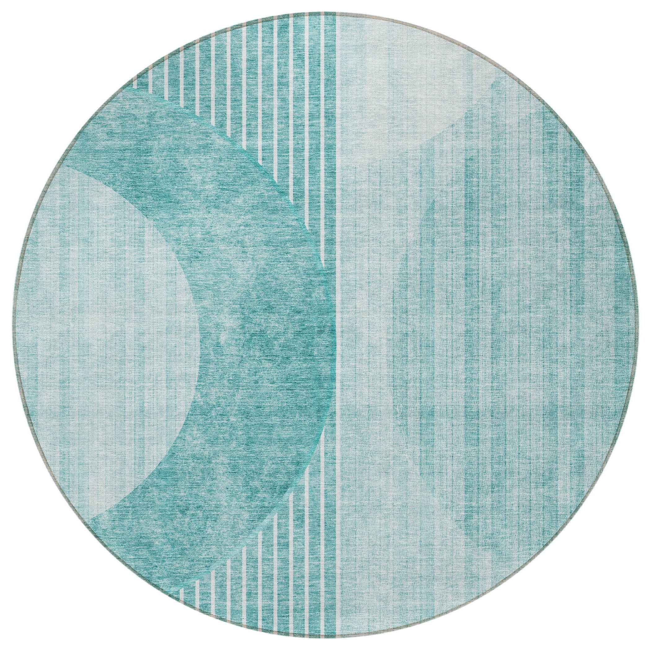 8' Teal Blue And Aqua Round Geometric Washable Indoor Outdoor Area Rug