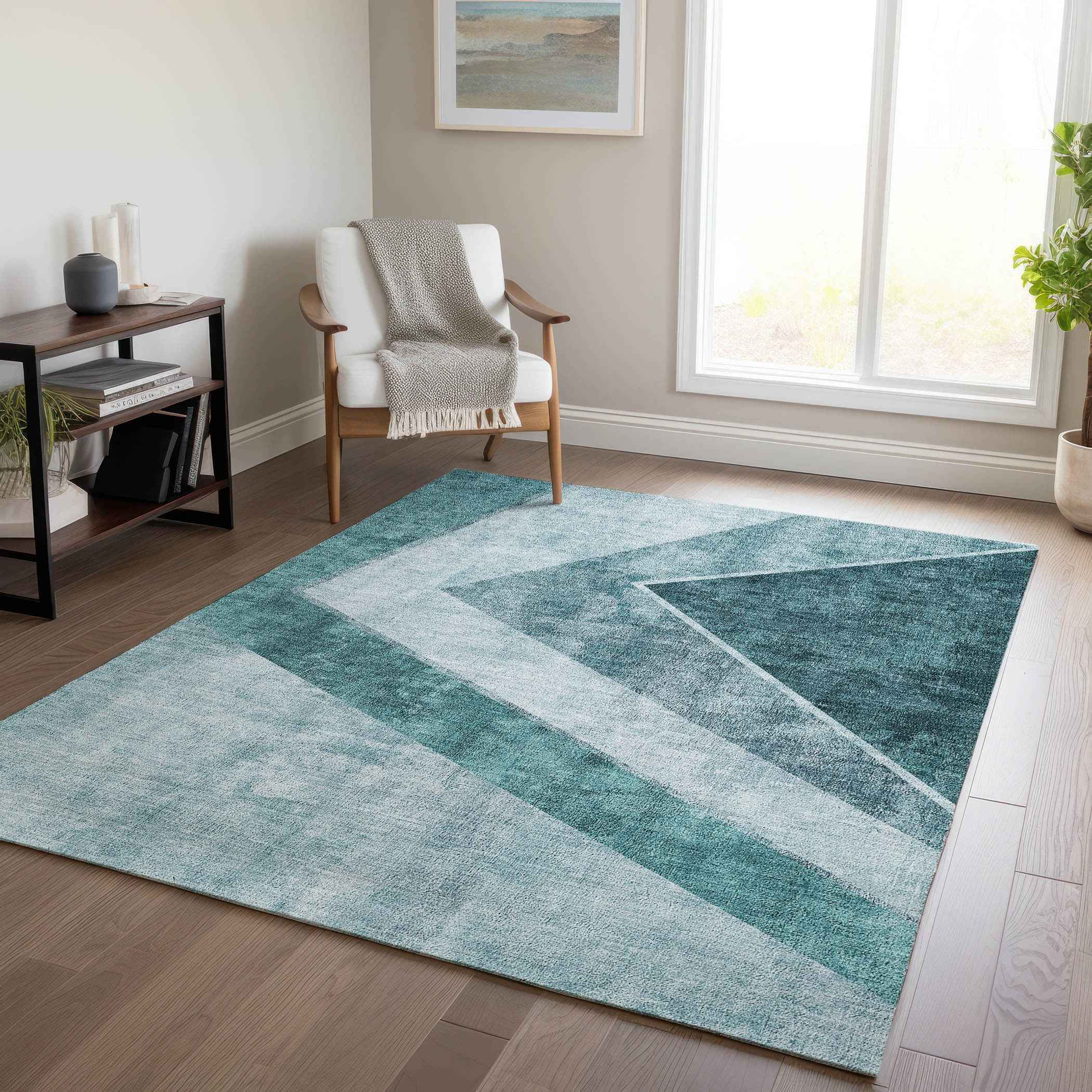 3' X 5' Teal Blue Aqua And Blue Geometric Washable Indoor Outdoor Area Rug