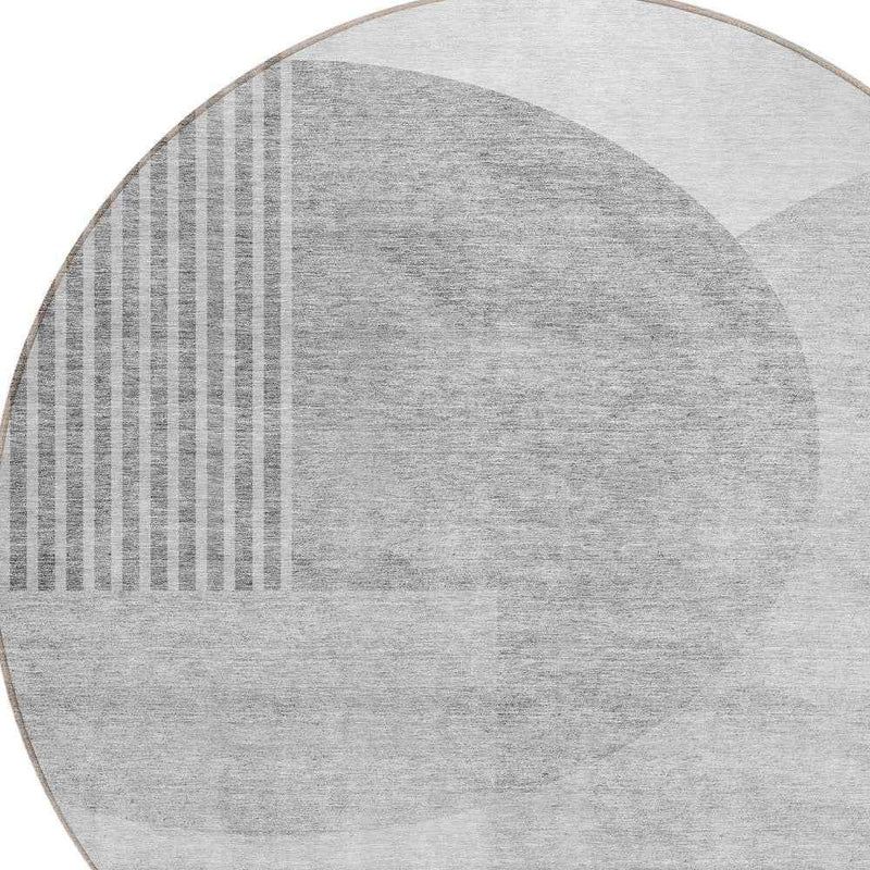 8' Gray Silver And Ivory Round Geometric Washable Indoor Outdoor Area Rug