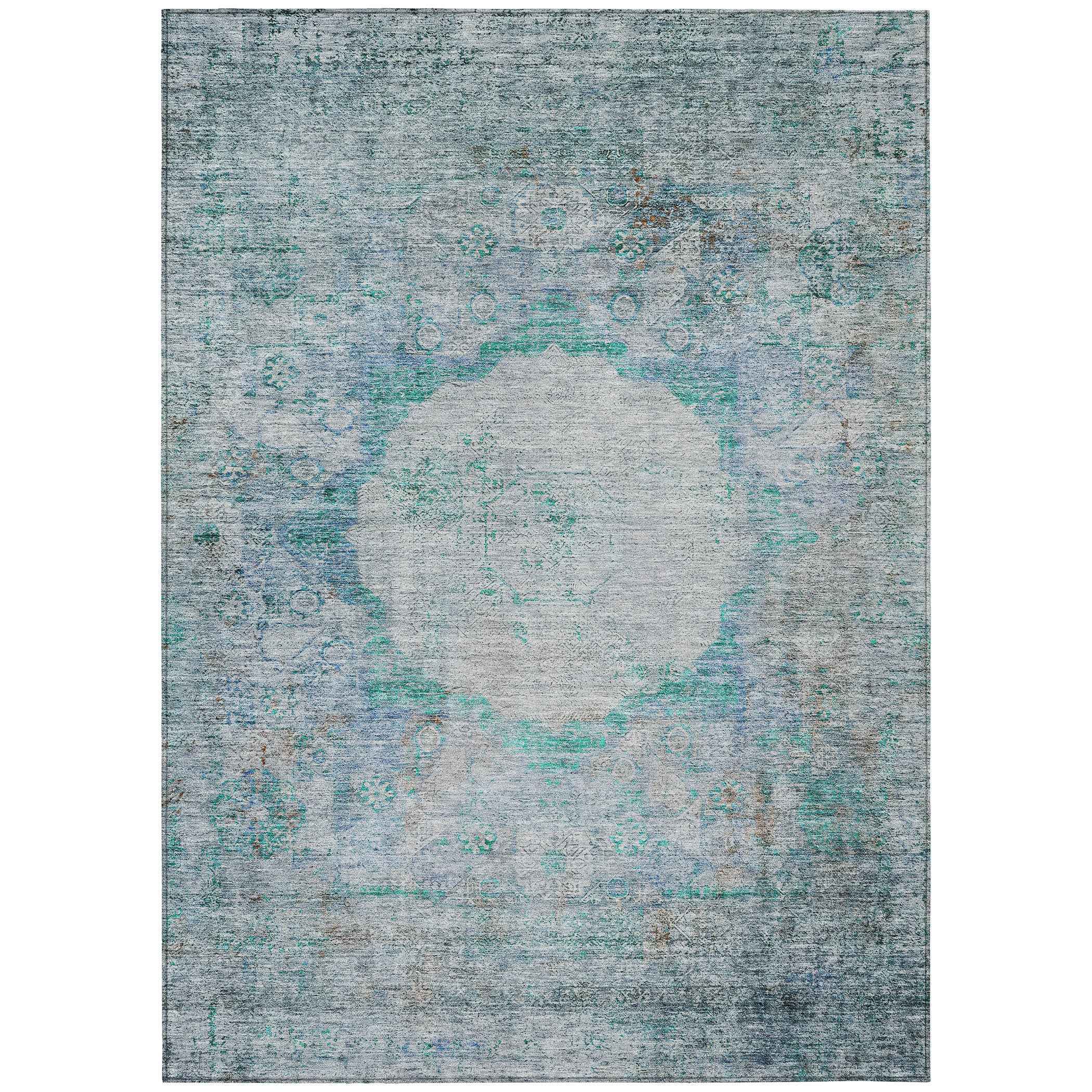 5' X 8' Teal Blue Aqua And Gray Oriental Washable Indoor Outdoor Area Rug