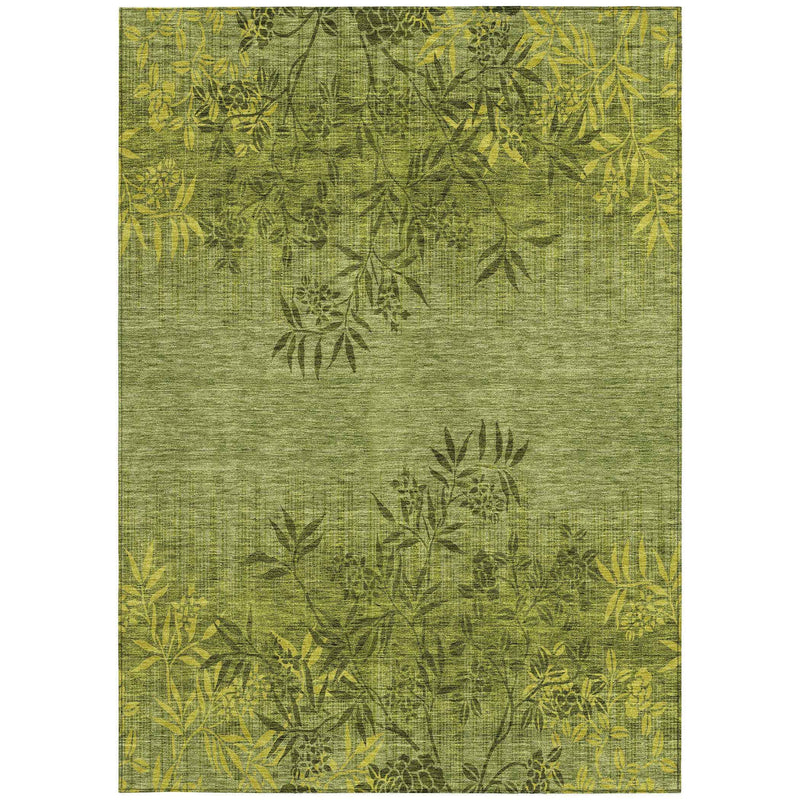 8' X 10' Olive Green And Fern Green Floral Washable Indoor Outdoor Area Rug