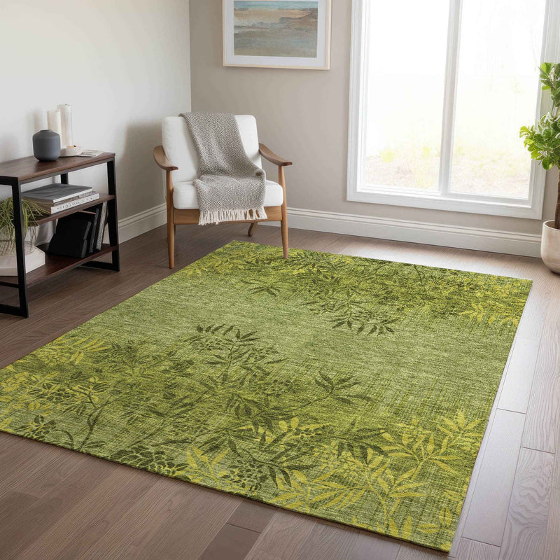 8' X 10' Olive Green And Fern Green Floral Washable Indoor Outdoor Area Rug