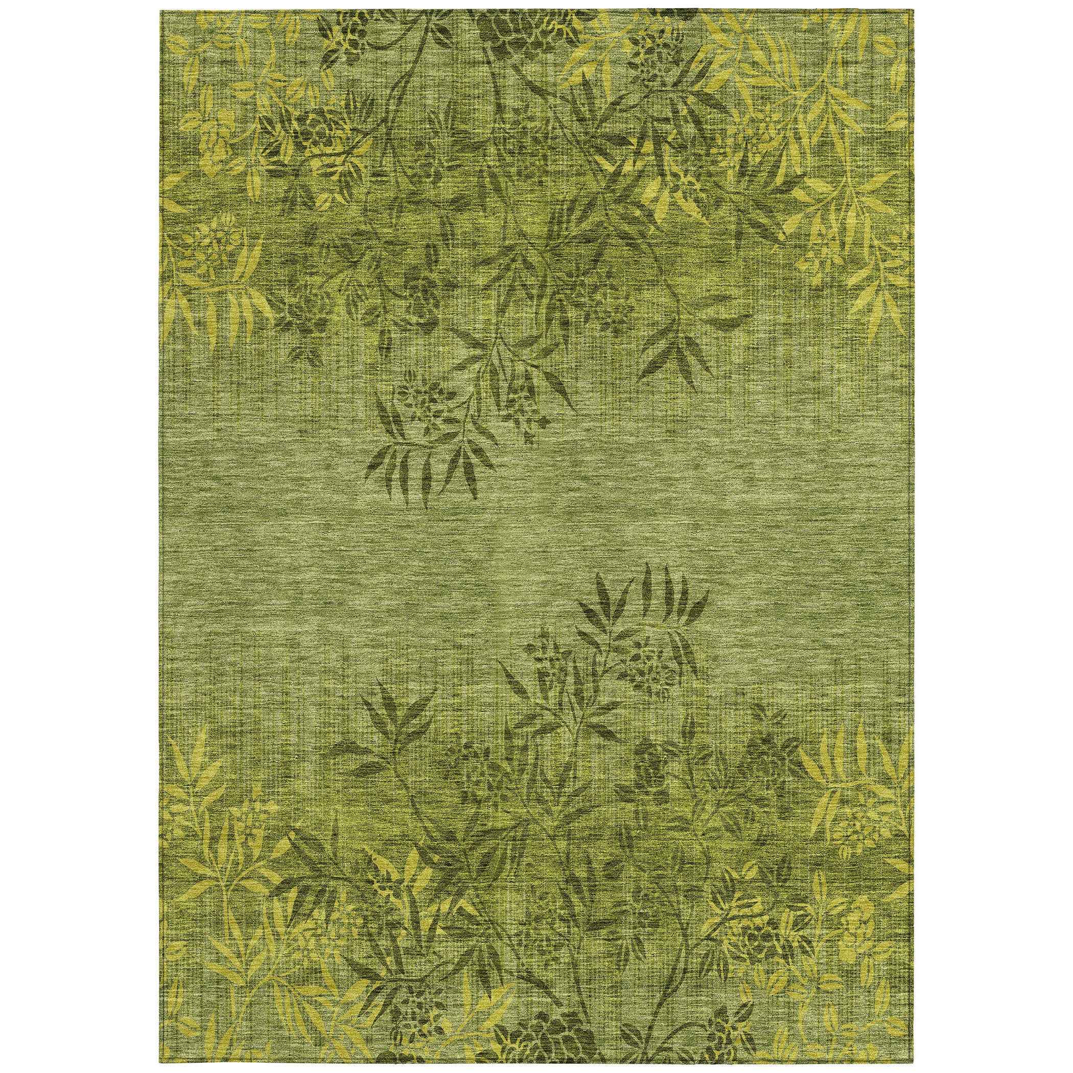 3' X 5' Olive Green And Fern Green Floral Washable Indoor Outdoor Area Rug