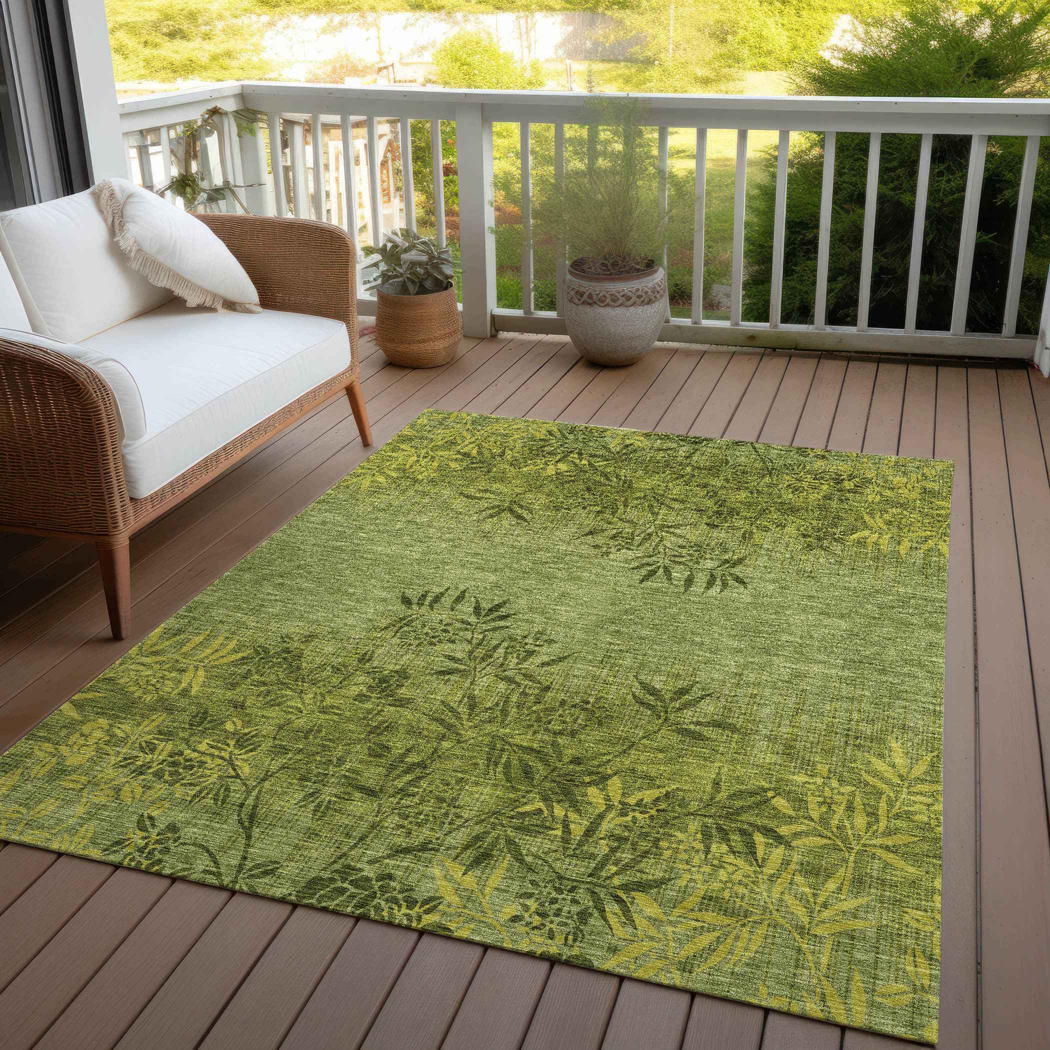 3' X 5' Olive Green And Fern Green Floral Washable Indoor Outdoor Area Rug