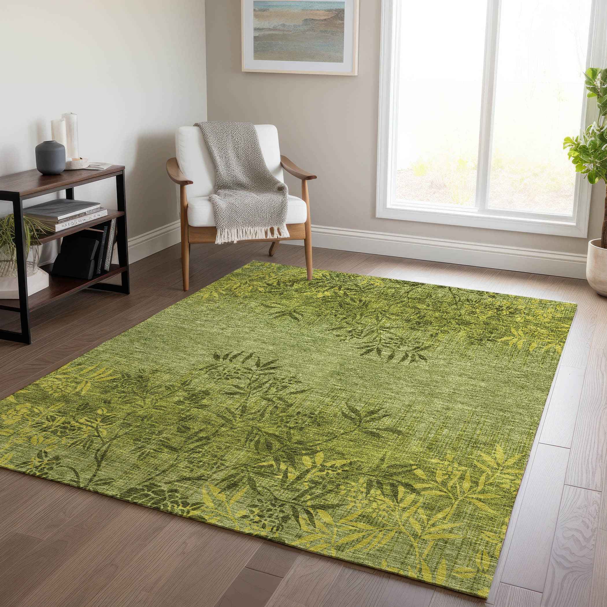 3' X 5' Olive Green And Fern Green Floral Washable Indoor Outdoor Area Rug
