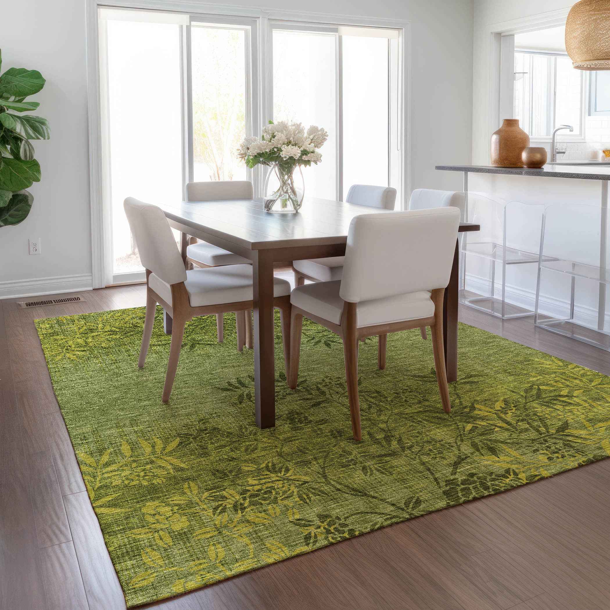 3' X 5' Olive Green And Fern Green Floral Washable Indoor Outdoor Area Rug