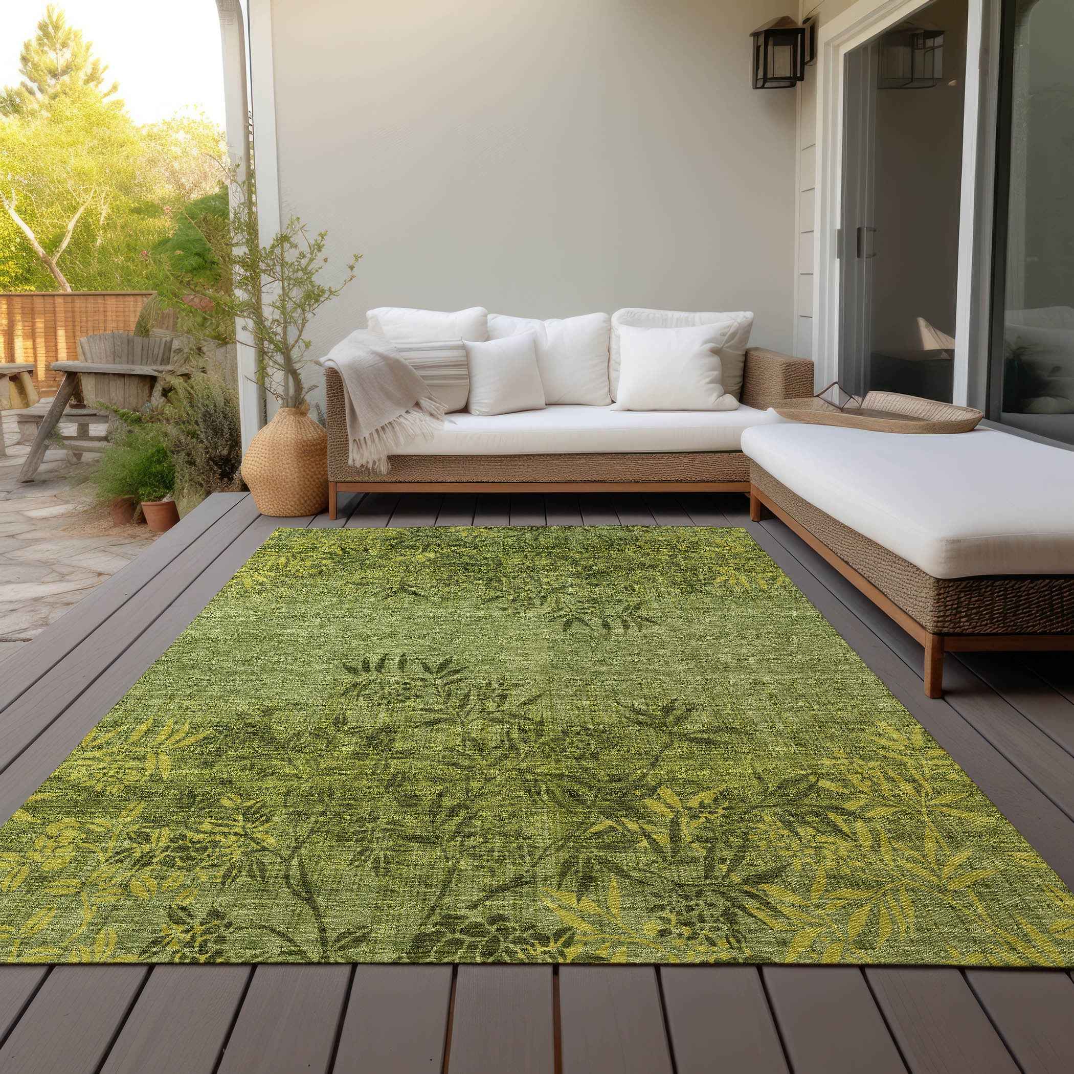 3' X 5' Olive Green And Fern Green Floral Washable Indoor Outdoor Area Rug