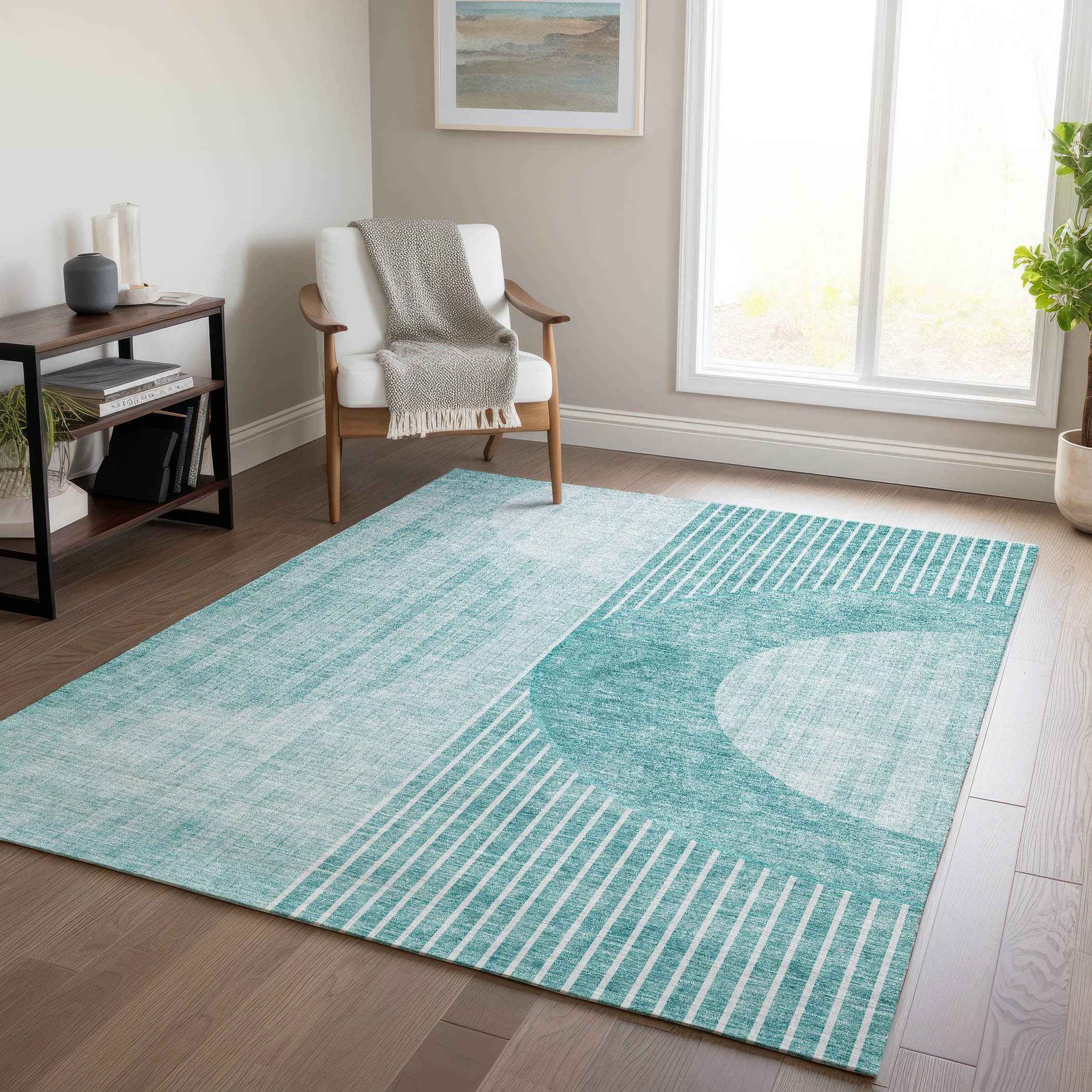 8' X 10' Teal Blue And Aqua Geometric Washable Indoor Outdoor Area Rug