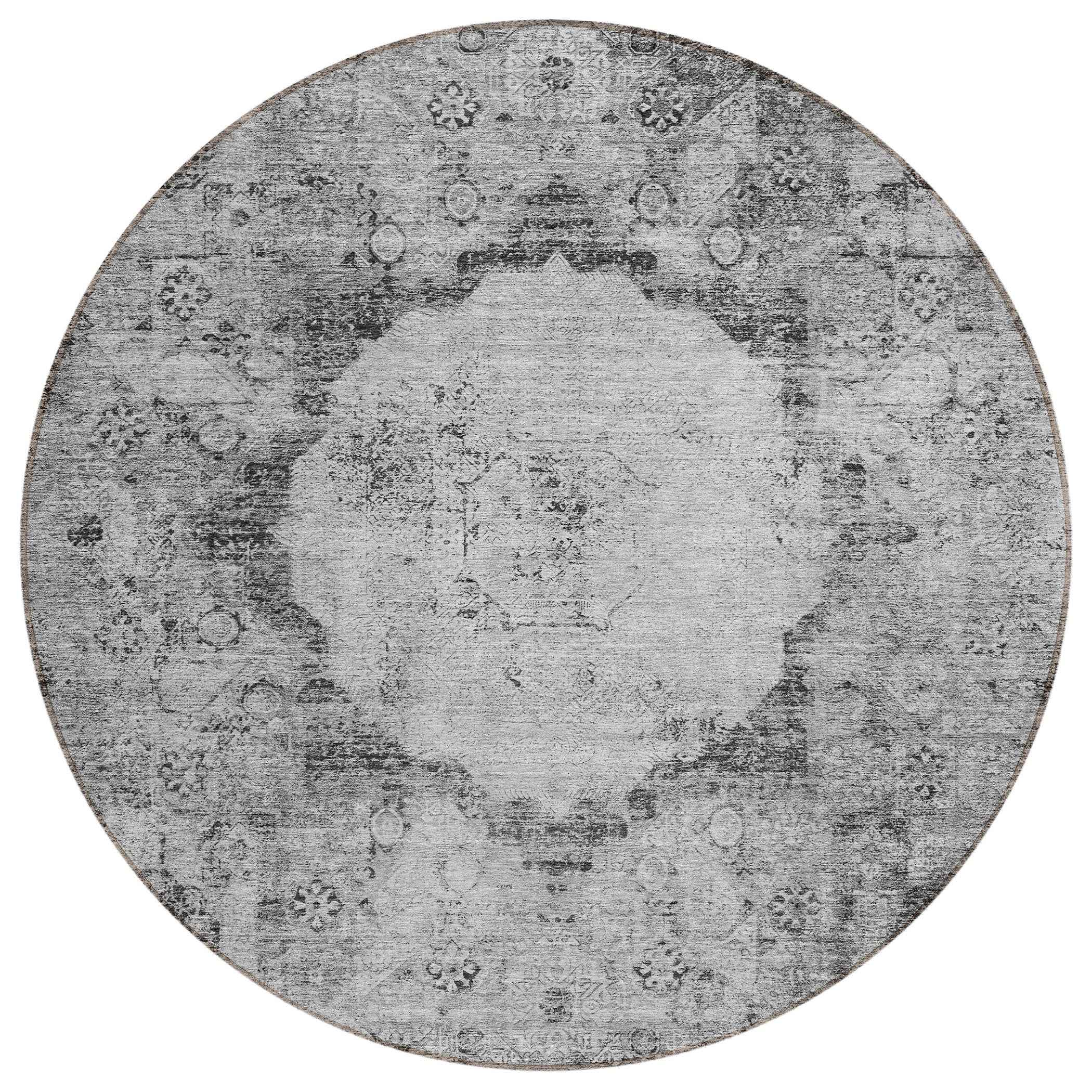 8' Gray Charcoal And Silver Round Oriental Washable Indoor Outdoor Area Rug