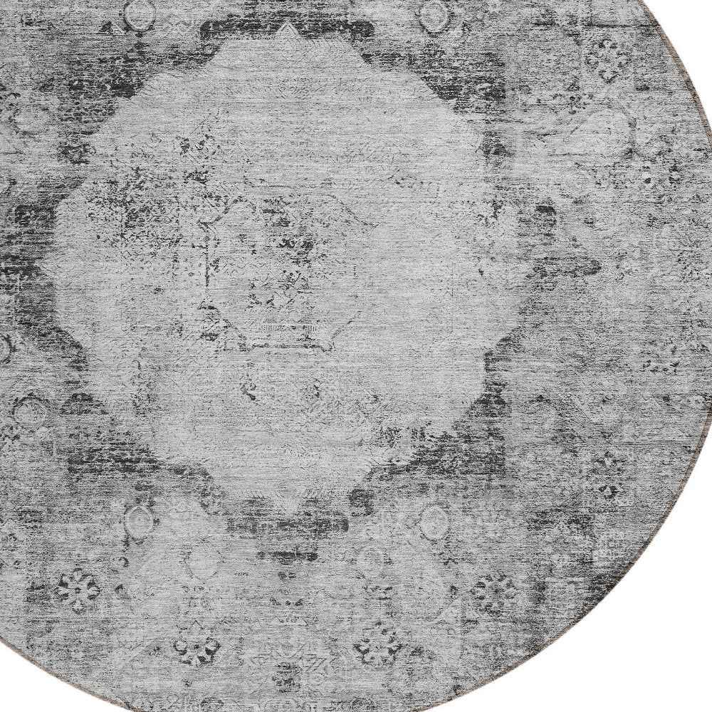 8' Gray Charcoal And Silver Round Oriental Washable Indoor Outdoor Area Rug