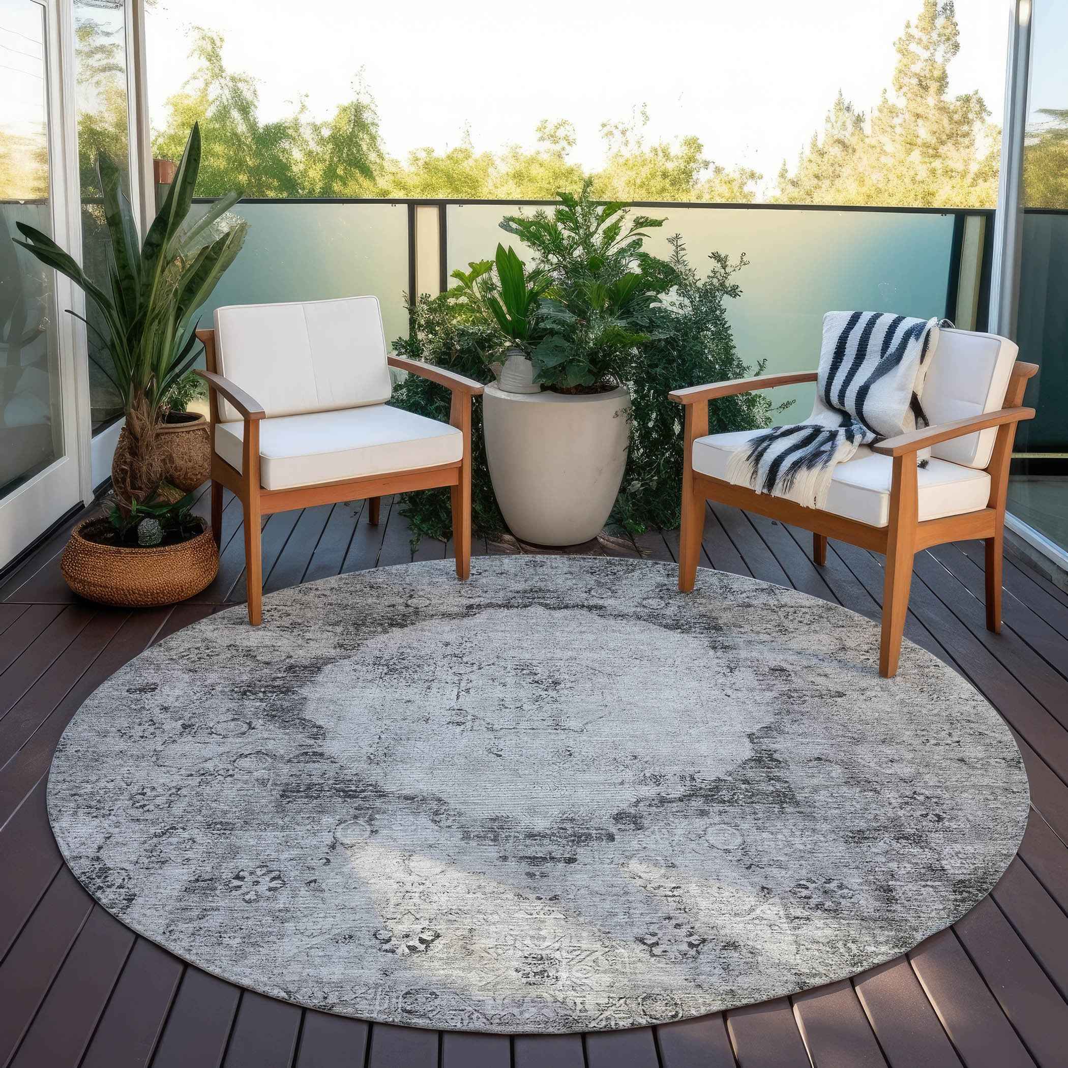 8' Gray Charcoal And Silver Round Oriental Washable Indoor Outdoor Area Rug