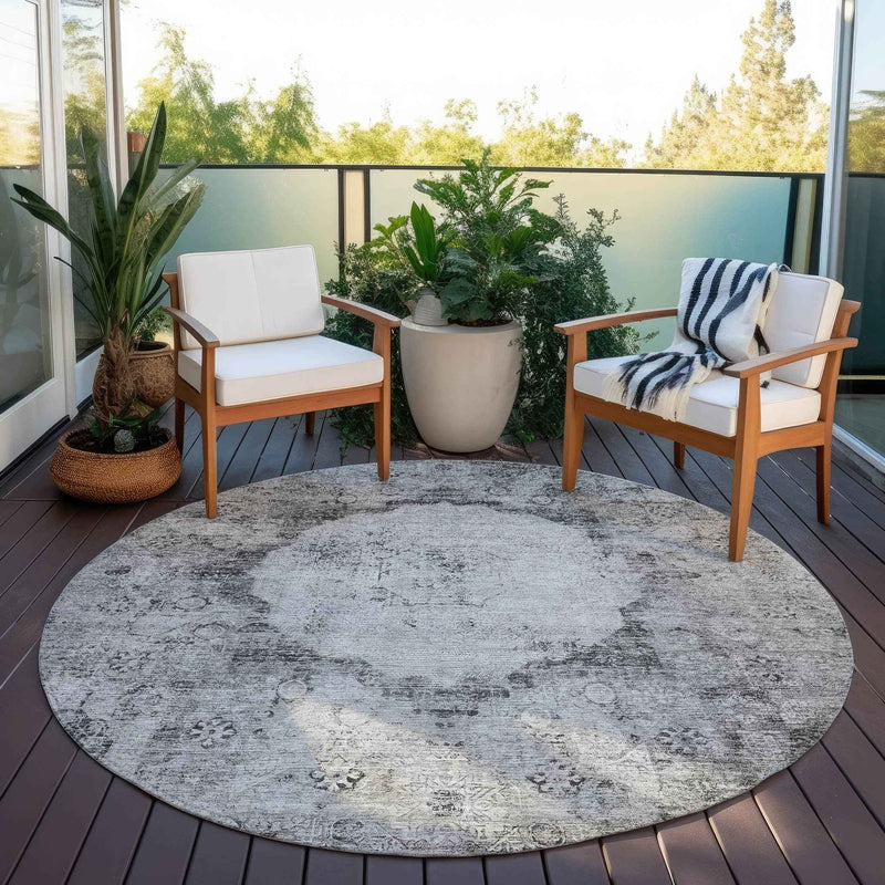 8' Gray Charcoal And Silver Round Oriental Washable Indoor Outdoor Area Rug