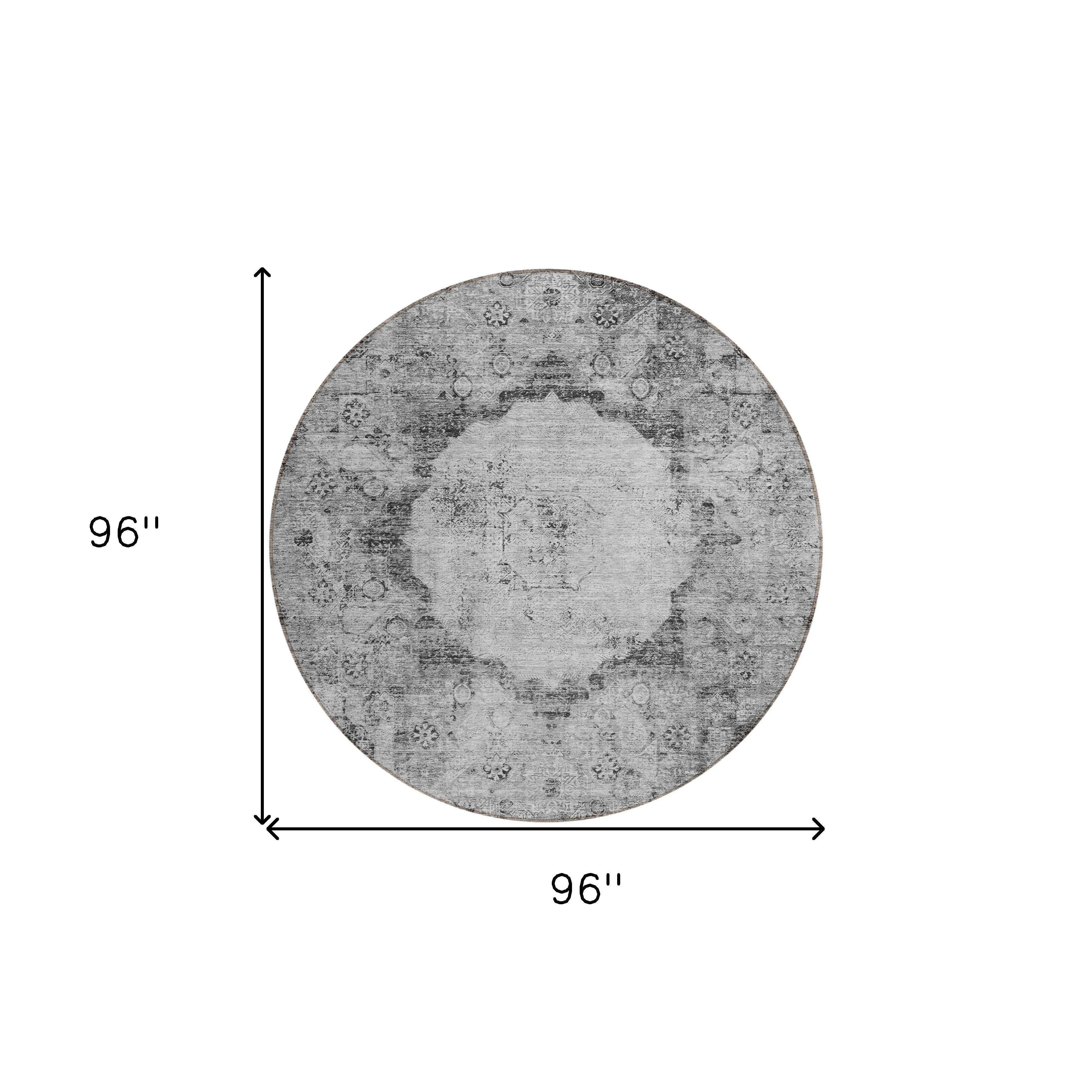 8' Gray Charcoal And Silver Round Oriental Washable Indoor Outdoor Area Rug