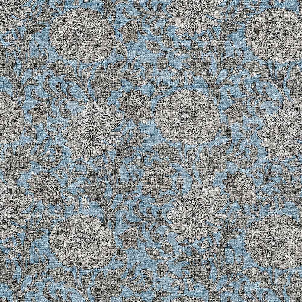 5' X 8' Blue Gray And Silver Floral Washable Indoor Outdoor Area Rug