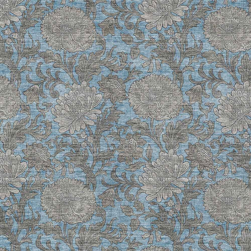 5' X 8' Blue Gray And Silver Floral Washable Indoor Outdoor Area Rug