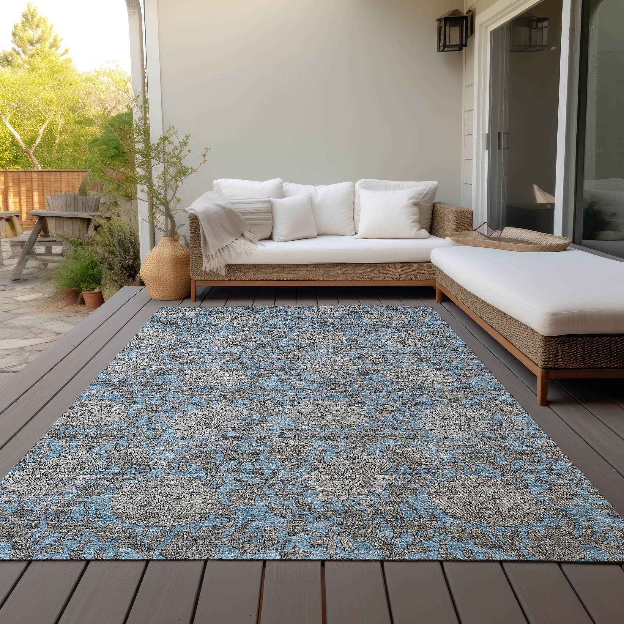 5' X 8' Blue Gray And Silver Floral Washable Indoor Outdoor Area Rug