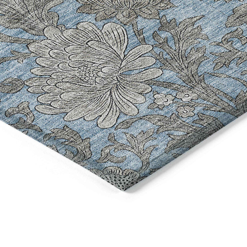 5' X 8' Blue Gray And Silver Floral Washable Indoor Outdoor Area Rug